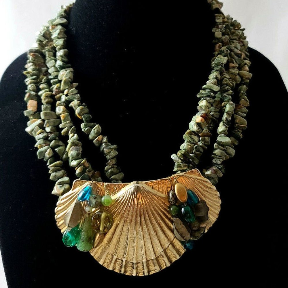Vintage Estate Jasper? Gold Tone Shell 4 Strand Necklace